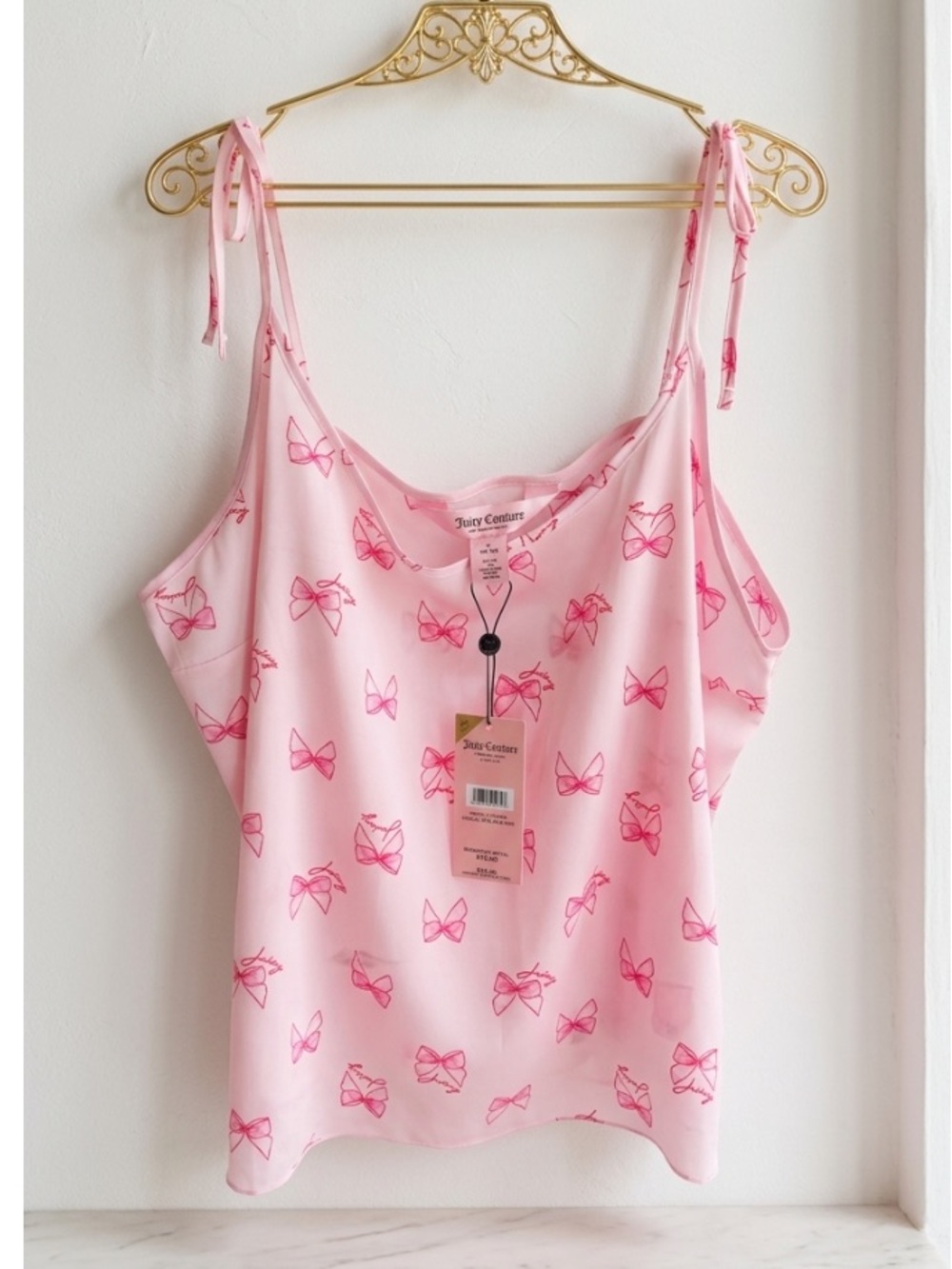 Juicy Couture Pink Bow-Print Tie-Strap Tank Top.  
Size: XL